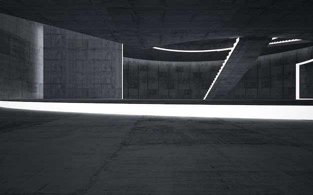 Espacio público de varios niveles interior blanco y concreto abstracto con ventana. Ilustración 3D