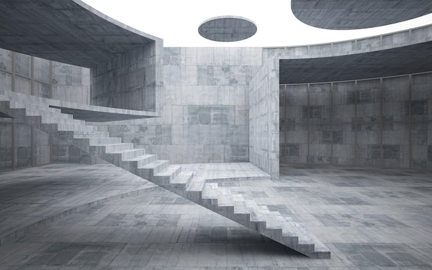Espacio público de varios niveles interior blanco y concreto abstracto con ventana. Ilustración 3D