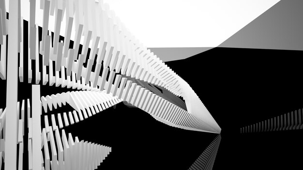 Espacio público de varios niveles interior blanco y negro abstracto con ilustración de ventana 3D