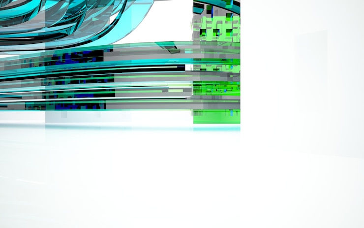 Foto espacio público de varios niveles interior con gafas degradadas blancas y de colores abstractos con ventana modelo 3d