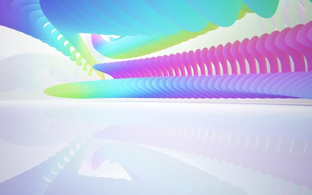 Espacio público de varios niveles interior con gafas degradadas blancas y de colores abstractos con ventana modelo 3d