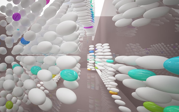 Espacio público de varios niveles interior con gafas degradadas blancas y de colores abstractos con ventana modelo 3d