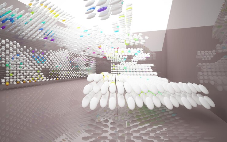 Foto espacio público de varios niveles interior con gafas degradadas blancas y de colores abstractos con ventana modelo 3d