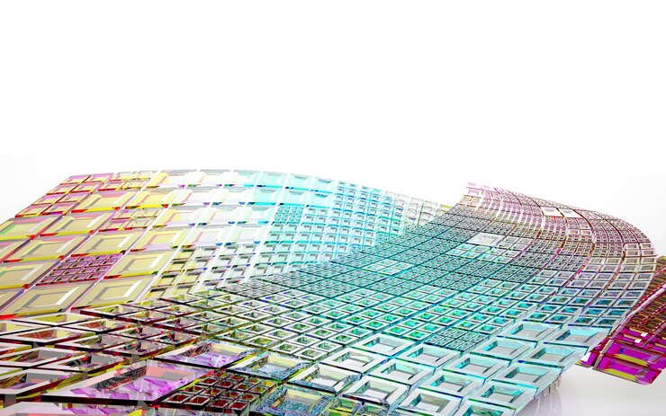 Foto espacio público de varios niveles interior con gafas degradadas blancas y de colores abstractos con ventana modelo 3d