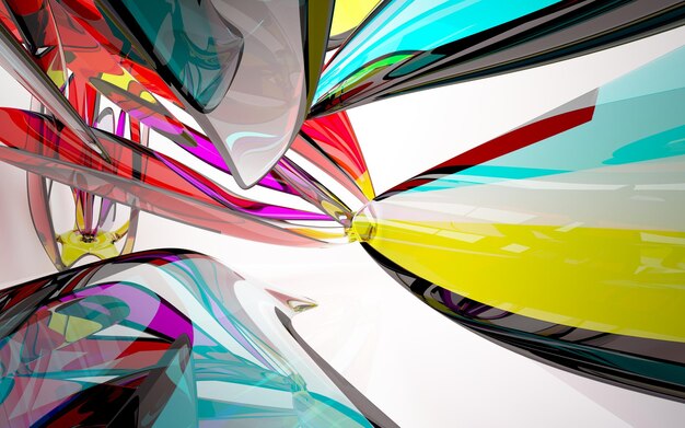 Espacio público de varios niveles interior con gafas degradadas blancas y de colores abstractos con ventana modelo 3d