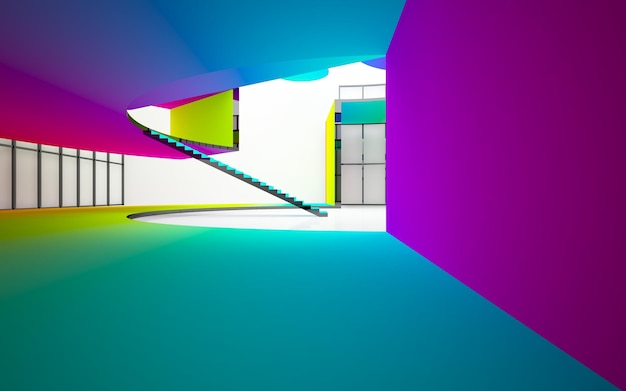 Espacio público de varios niveles interior con gafas degradadas blancas y de colores abstractos con ventana modelo 3d