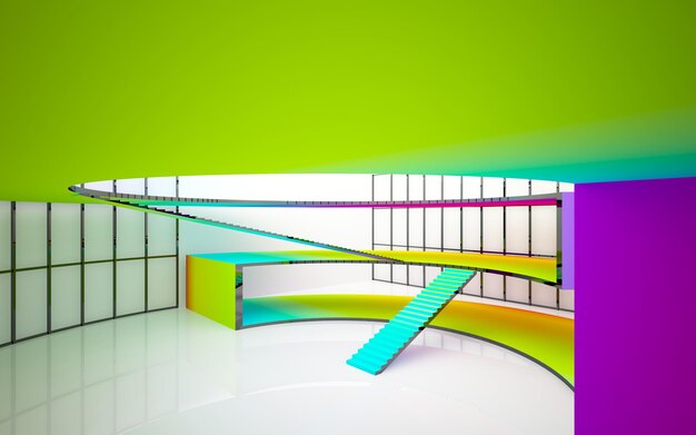 Espacio público de varios niveles interior con gafas degradadas blancas y de colores abstractos con ventana modelo 3d