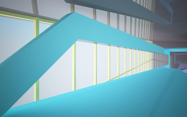 Espacio público de varios niveles interior con gafas degradadas blancas y de colores abstractos con ventana modelo 3d