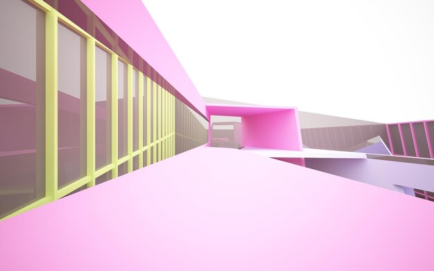 Espacio público de varios niveles interior con gafas degradadas blancas y de colores abstractos con ventana modelo 3d