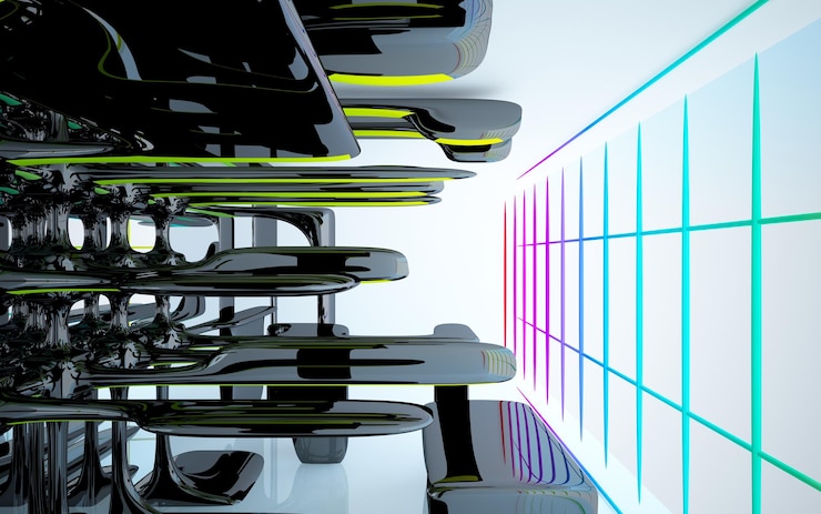 Foto espacio público de varios niveles interior con gafas degradadas blancas y de colores abstractos con ventana modelo 3d