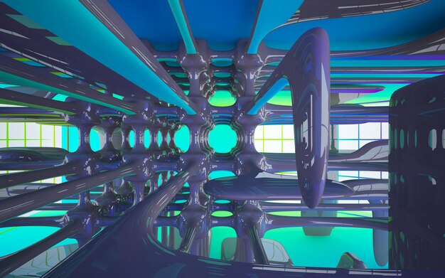 Foto espacio público de varios niveles interior con gafas degradadas blancas y de colores abstractos con ventana modelo 3d