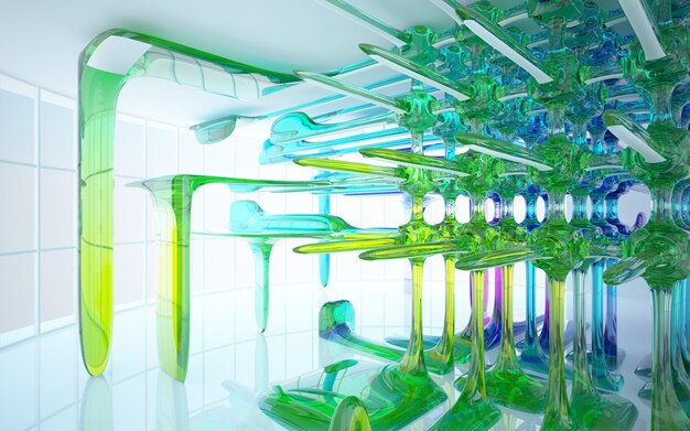 Espacio público de varios niveles interior con gafas degradadas blancas y de colores abstractos con ventana modelo 3d