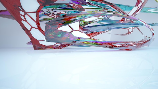 Espacio público de varios niveles interior con gafas degradadas blancas y de colores abstractos con ventana modelo 3d