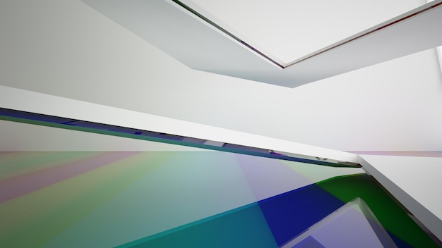 Espacio público de varios niveles interior con gafas degradadas blancas y de colores abstractos con ventana modelo 3d