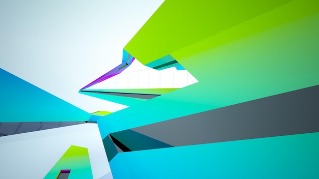 Espacio público de varios niveles interior con gafas degradadas blancas y de colores abstractos con ventana modelo 3d