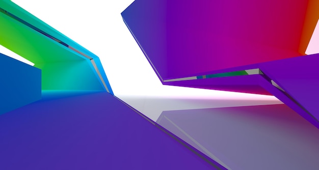 Espacio público de varios niveles interior con gafas degradadas blancas y de colores abstractos con ventana modelo 3d