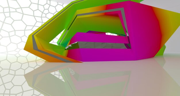 Espacio público de varios niveles interior con gafas degradadas blancas y de colores abstractos con ventana modelo 3d
