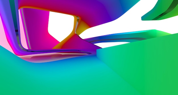 Espacio público de varios niveles interior con gafas degradadas blancas y de colores abstractos con ventana modelo 3d