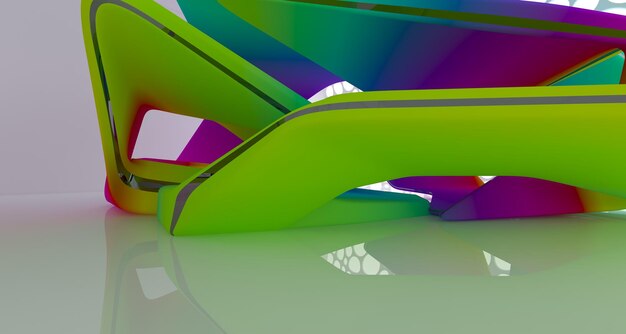 Espacio público de varios niveles interior con gafas degradadas blancas y de colores abstractos con ventana modelo 3d