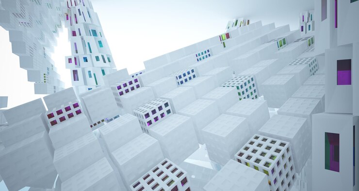 Foto espacio público de varios niveles interior con gafas degradadas blancas y de colores abstractos con ventana modelo 3d