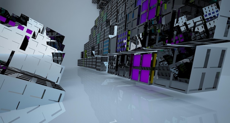 Foto espacio público de varios niveles interior con gafas degradadas blancas y de colores abstractos con ventana modelo 3d