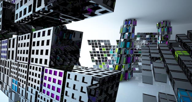 Espacio público de varios niveles interior con gafas degradadas blancas y de colores abstractos con ventana modelo 3d
