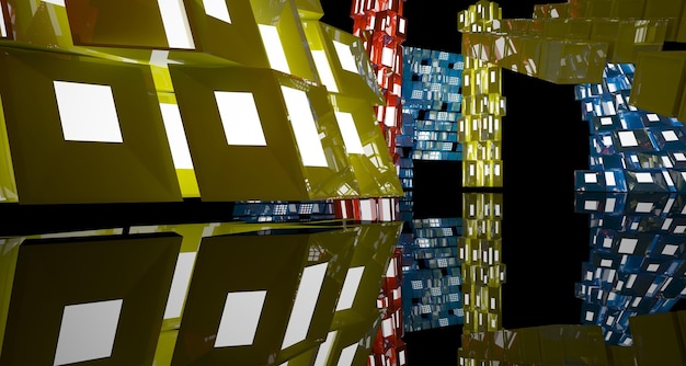 Espacio público de varios niveles interior con gafas degradadas blancas y de colores abstractos con ventana modelo 3d