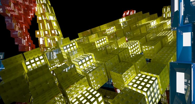 Foto espacio público de varios niveles interior con gafas degradadas blancas y de colores abstractos con ventana modelo 3d