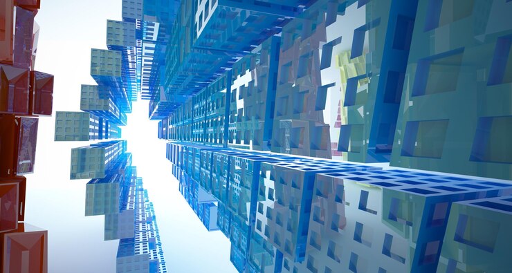 Foto espacio público de varios niveles interior con gafas degradadas blancas y de colores abstractos con ventana modelo 3d