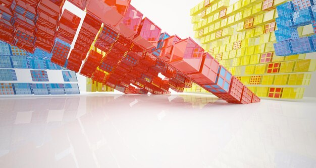 Espacio público de varios niveles interior con gafas degradadas blancas y de colores abstractos con ventana modelo 3d