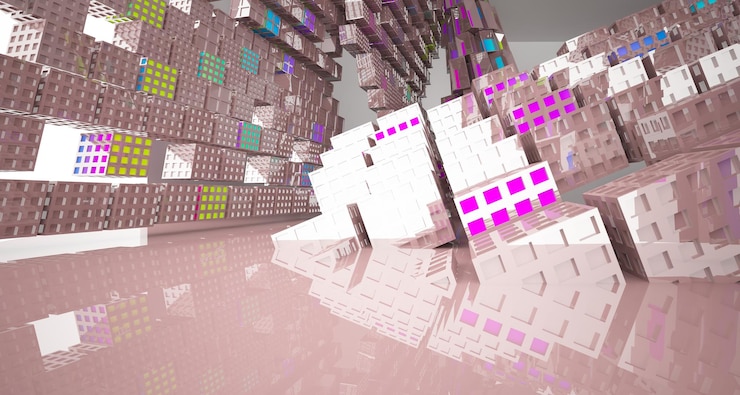 Foto espacio público de varios niveles interior con gafas degradadas blancas y de colores abstractos con ventana modelo 3d