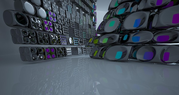 Espacio público de varios niveles interior con gafas degradadas blancas y de colores abstractos con ventana modelo 3d