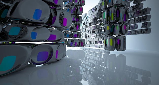 Espacio público de varios niveles interior con gafas degradadas blancas y de colores abstractos con ventana modelo 3d
