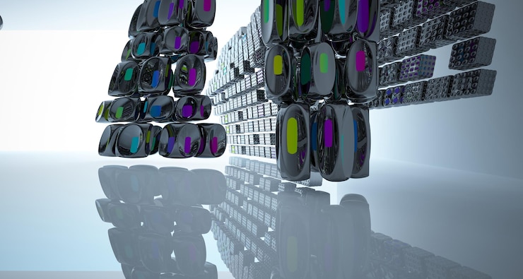 Foto espacio público de varios niveles interior con gafas degradadas blancas y de colores abstractos con ventana modelo 3d