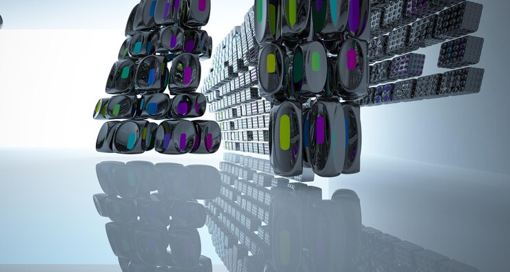 Foto espacio público de varios niveles interior con gafas degradadas blancas y de colores abstractos con ventana modelo 3d