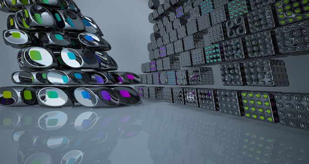 Espacio público de varios niveles interior con gafas degradadas blancas y de colores abstractos con ventana modelo 3d