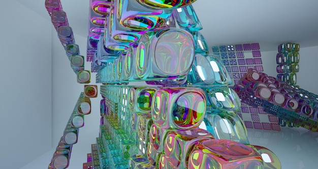 Foto espacio público de varios niveles interior con gafas degradadas blancas y de colores abstractos con ventana modelo 3d