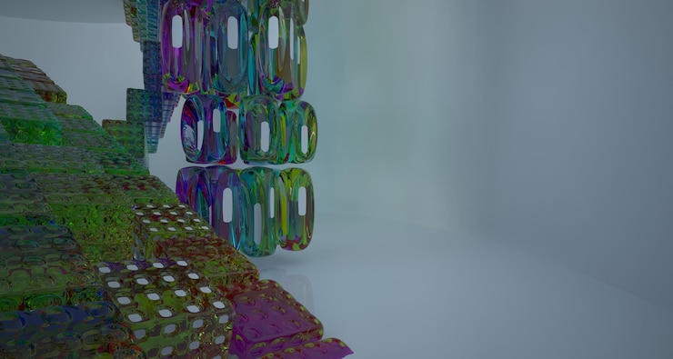 Foto espacio público de varios niveles interior con gafas degradadas blancas y de colores abstractos con ventana modelo 3d