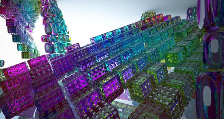 Foto espacio público de varios niveles interior con gafas degradadas blancas y de colores abstractos con ventana modelo 3d