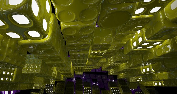 Foto espacio público de varios niveles interior con gafas degradadas blancas y de colores abstractos con ventana modelo 3d