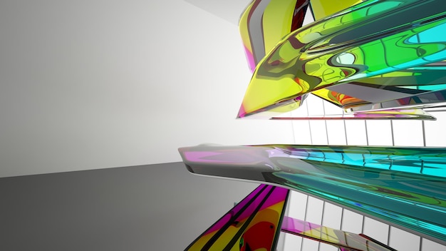 Espacio público de varios niveles interior con gafas degradadas blancas y de colores abstractos con ventana modelo 3d