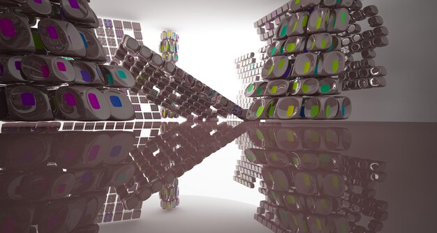 Espacio público de varios niveles interior con gafas degradadas blancas y de colores abstractos con ventana modelo 3d