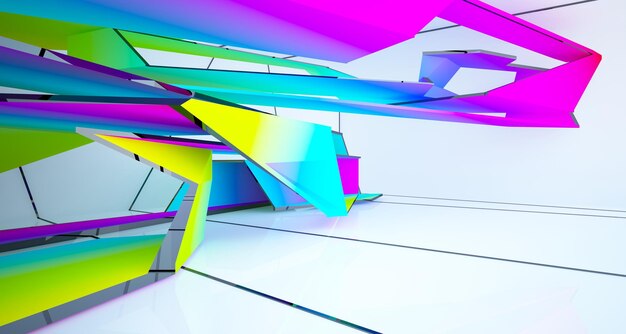 Espacio público de varios niveles interior con gafas degradadas blancas y de colores abstractos con ventana modelo 3d