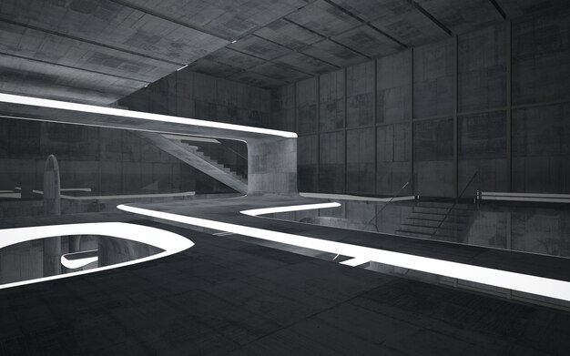 Espacio público de varios niveles interior de hormigón abstracto con ventana. Ilustración y renderizado 3D.