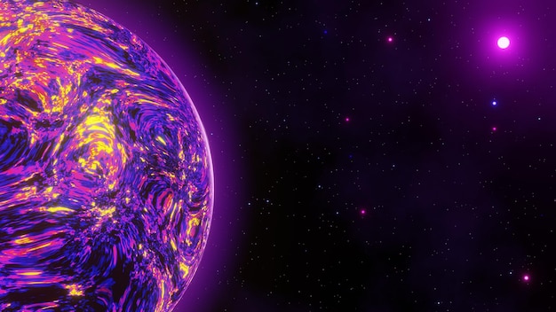 Espacio de realidad virtual abstracto planeta psicodélico multicolor contra el cielo estrellado 3d render