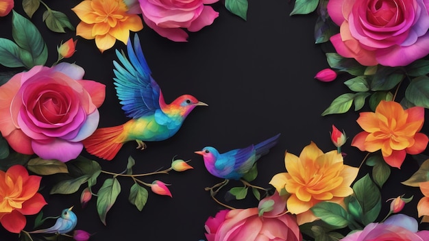 espacio para el texto fondo negro rodeado de flores arco iris y hojas y pájaro