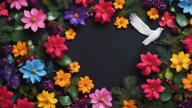 Foto espacio para el texto rodeado de flores arco iris y hojas y pájaro