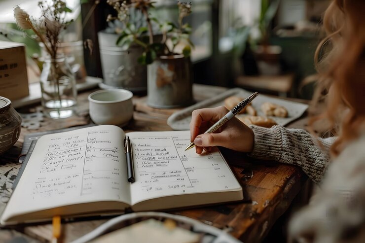 Un espacio de trabajo acogedor con un diario y una taza de té