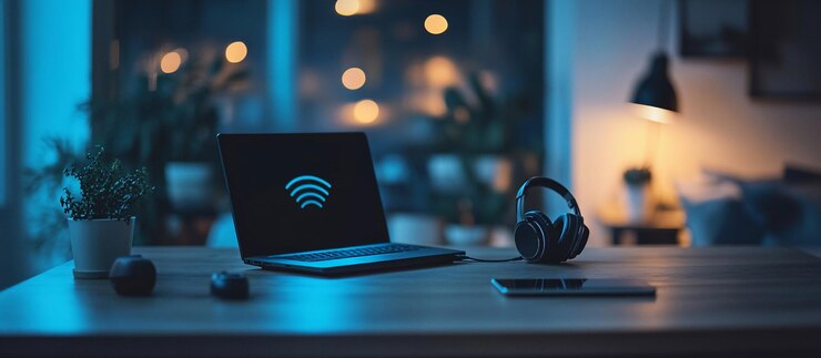 Foto espacio de trabajo acogedor con portátil que muestra el símbolo de conectividad auriculares y teléfono inteligente por la noche