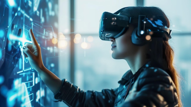 Espacio de trabajo de AR futurista Mujer en gafas de realidad virtual con infografía holográfica